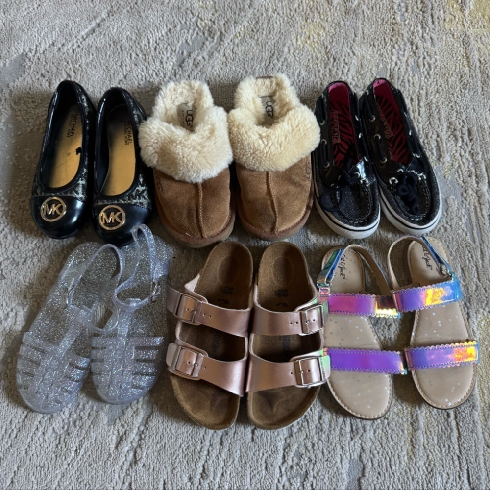Girls shoes Ugg slippers tan slip on pink Birkenstock Arizona sandals flats 12